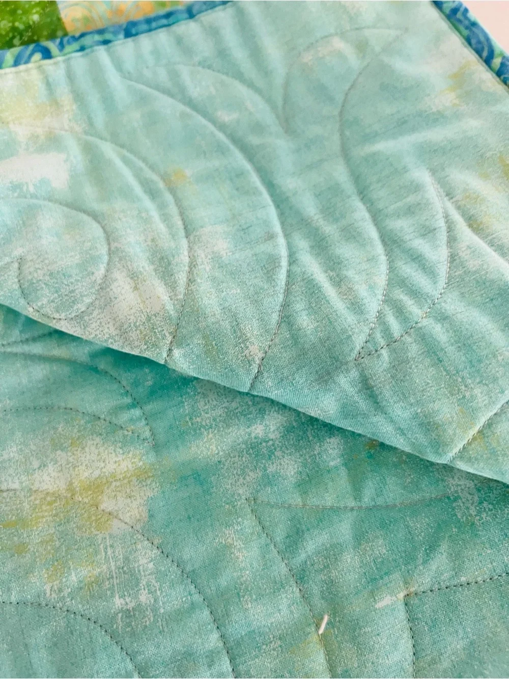 Handmade Batik Log Cabin Quilt 52x52 Blue Green Coastal Lap Quilt Wall Hanging